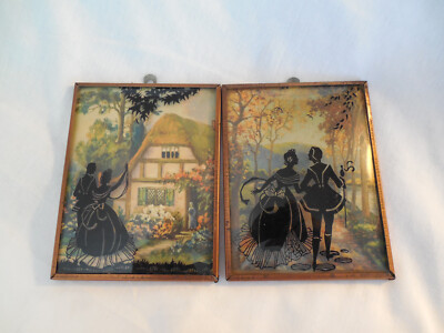 Vintage reverse painting silhouette couple  set of two convex glass 3.5'' x 4 3/4