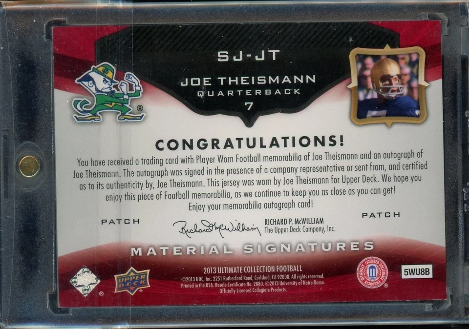 2013 Upper Deck Ultimate Collection Joe Theismann Patch ONCARD Auto Autograph 10 - Image 2 of 2