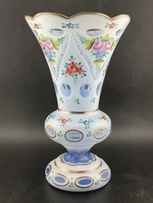 czech bohemian overlay glass vase white over blue 8"