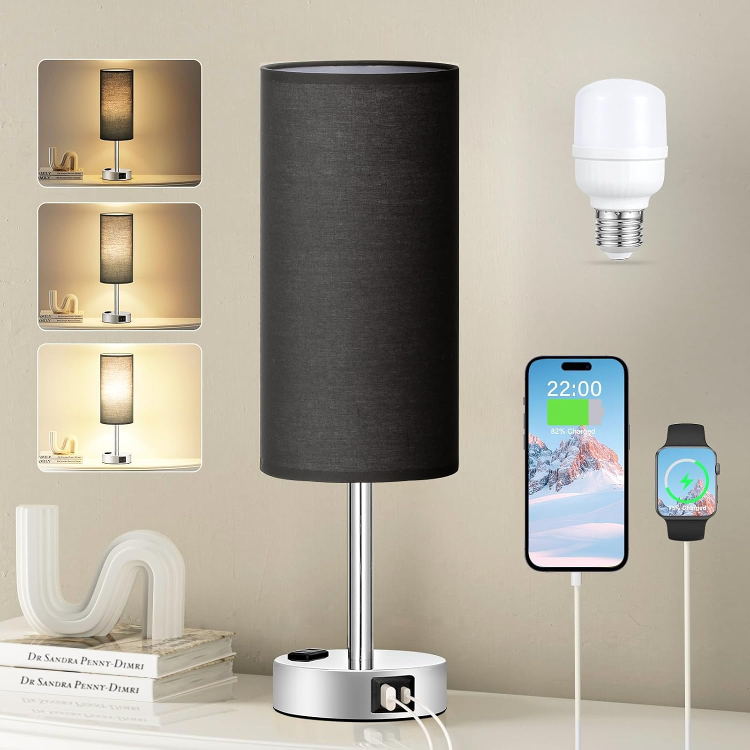 3-Way Dimmable Black Bedside Table Lamp with USB-C Charging