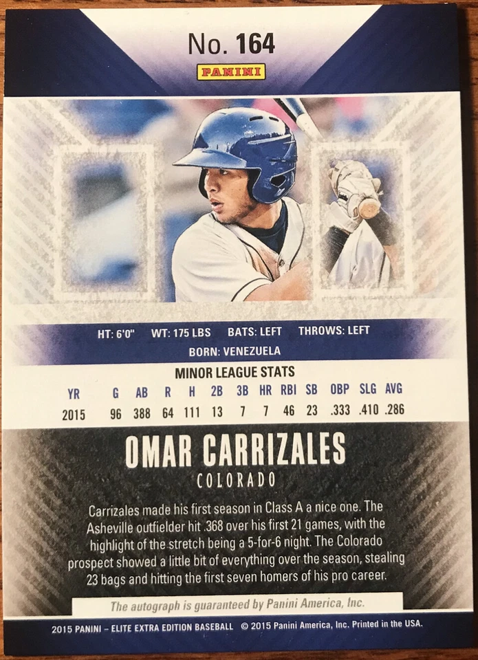 2015 Elite Extra Edition Prospect Autographs Omar Carrizales #164 - Image 2 of 2