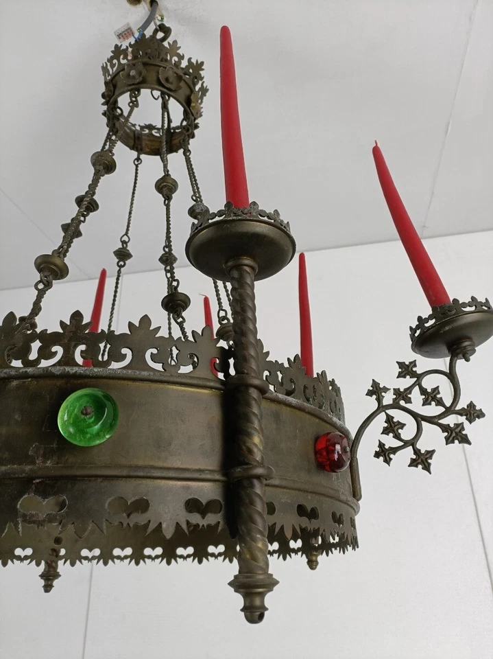большой готический замок люстра латуни красный зеленый ручки свечи старинный 19 века - Изображение 2 из 4