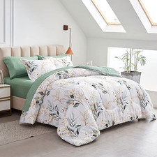 7 Piece Bed in a Bag Queen, Green Leaves Printed on White Botanical Design, Micr
