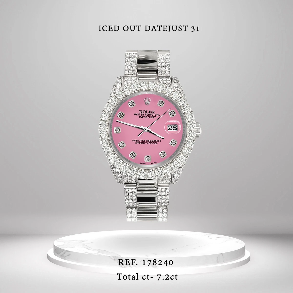 Rolex Datejust 31mm Pave 7.2ct Iced Diamond Hot Pink Watch 178240