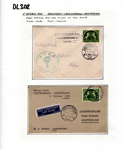 NETHERLANDS Air Mail Covers{2} 1st Post-WW2 FLIGHT Groningen 1945 DL302 - Picture 4 of 9