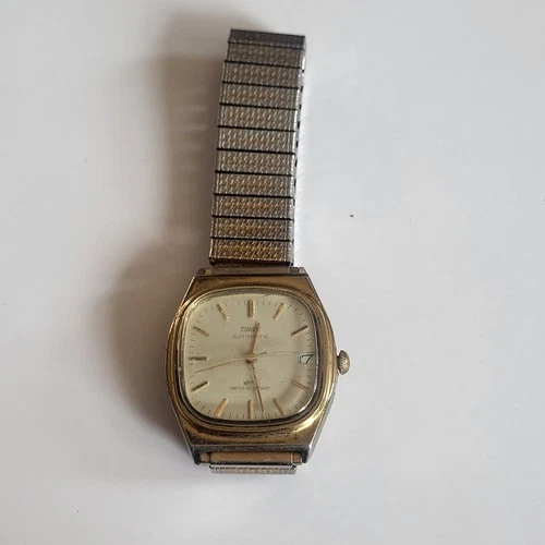 Timex Automatic Vintage Men's Wristwatch Gold Case Silver Metal Band Water-Resi…