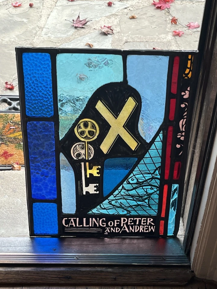 ANTIQUE CHURCH WINDOW "calling of Peter and Andrew" PAINTED FIRED GLASS 1940 NYC - Image 4 of 4