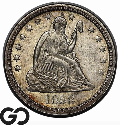 1858 Seated Liberty Quarter, Choice AU+ Better Date, Album Toner