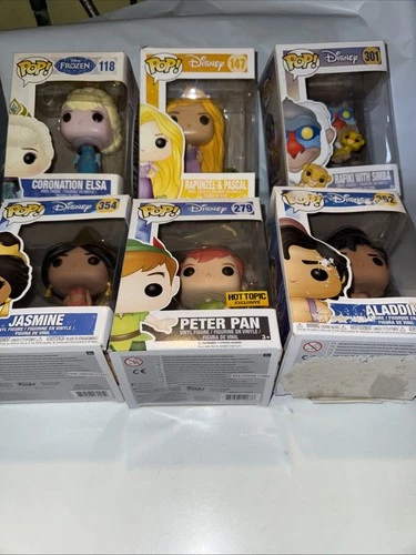 DAMAGED Lot of 6 Disney Funko Pops Princess Elsa Rapunzel Jasmine Aladdin Pan