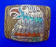 Southwestern Style Eagle Bird Turquoise Coral Stones Inlaid Belt Buckle NS