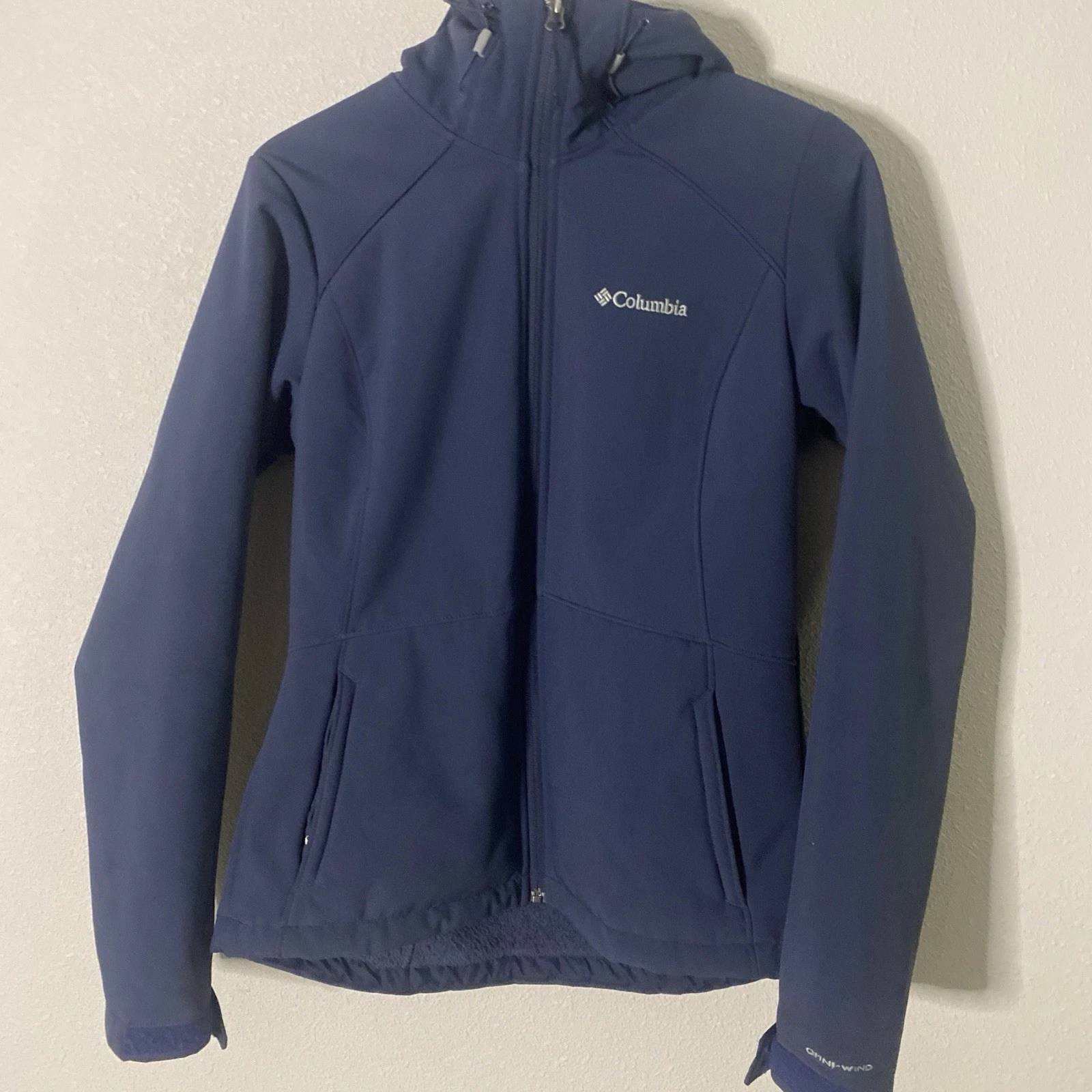 Columbia Women’s Omni-Wind Navy Blue Hooded Full Zip Windbreaker Jacket Size M