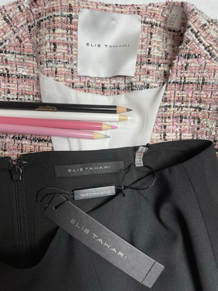 Новый Elie Tahari юбка костюм размер 10 два изделия комплект розовый черный букл стиль золото - Изображение 2 из 4