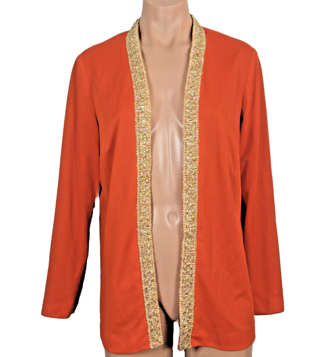 Vtg 60s JULIE MILLER CALIFORNIA Orange Gold Lame Open Cardigan