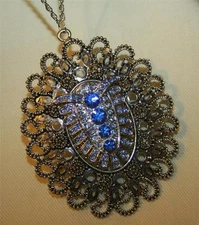 Gorgeous Large Lacy Swirl Sculpted Light & Dark Blue Rhinestone Pendant Necklace