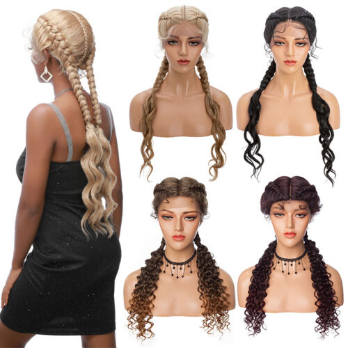 25"-32" Lace Front Box Braided Wigs Double Dutch Braided Wigs with Baby Hair USA - Afbeelding 1 van 37