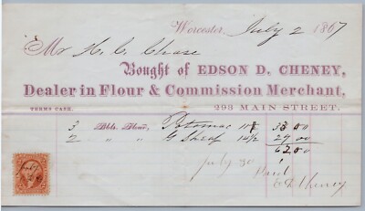 1867 Edson D Cheney Billhead Worcester MA Flour & Commission Merchant Tax Stamp