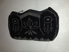 Antique 1930's Micro Bead Coin Purse Czechoslovakia Label Black 6 1/2"