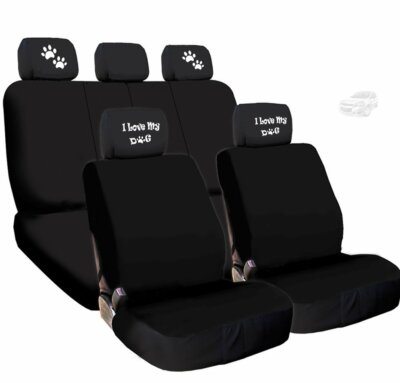 Black Cloth Car Seat Cover Full Set I Love My Dog Headrest Covers Universal Size