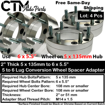4x 2'' 5x135mm to 6x5.5'' Conversion Wheel Adapter Spacer Put Chevy Wheels on Ford