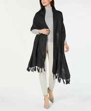 Cejon Womens Oversized Solid Traveler wrinkled Fringed Scarf Wrap Black $30