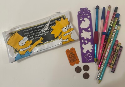 VTG 1990 Simpsons Vinyl Pencil Case w ALL Contents Pentech Pencils & Yikes RARE