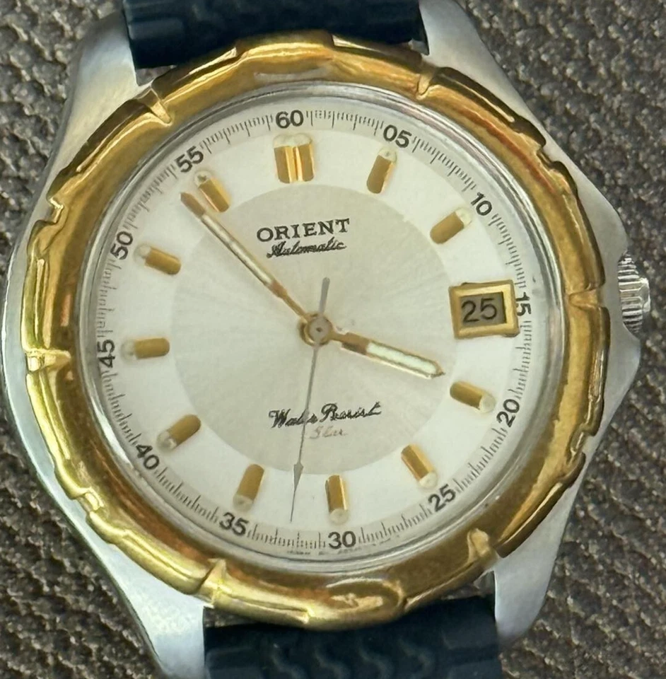 Reloj Vintage Orient Automático 5 Bar Fecha Hombres Muñeca Japón Correa Cuero 21J Raro Foto 3 de 4