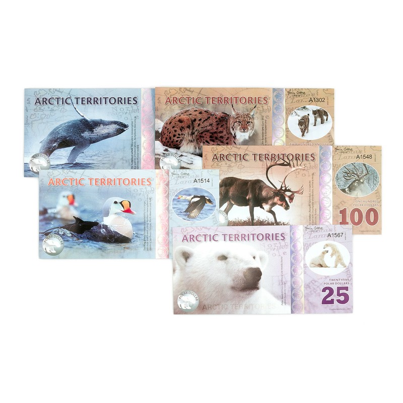 1 set of 5 diff. Arctic Terr. 25, 50, 100,250, 500 Polar Dollars 2013-17 AU-Unc.