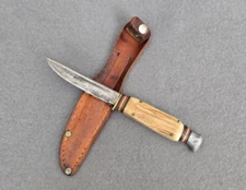 Vtg SABRE SOLINGEN AMERICAN KNIFE CO 3" Knife w/Stag Handle & Leather Sheath