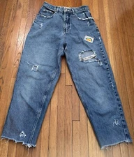 BAB BORN AGAIN BLUEZ CUSTOM DESTROYED HIGH RISE STRAIGHT LEG JEANS sz S Patched