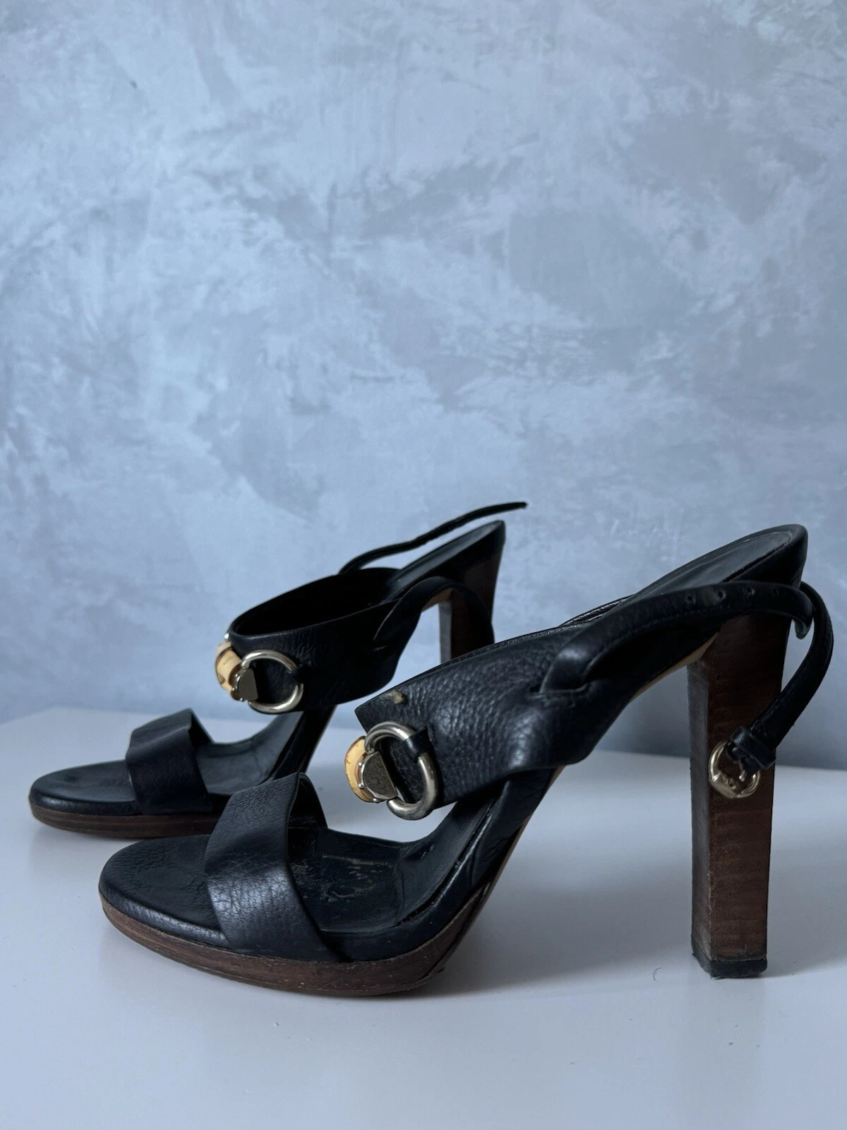 Chaussures vintage gucci cuir femme talons noir sandales bambou pointure 36