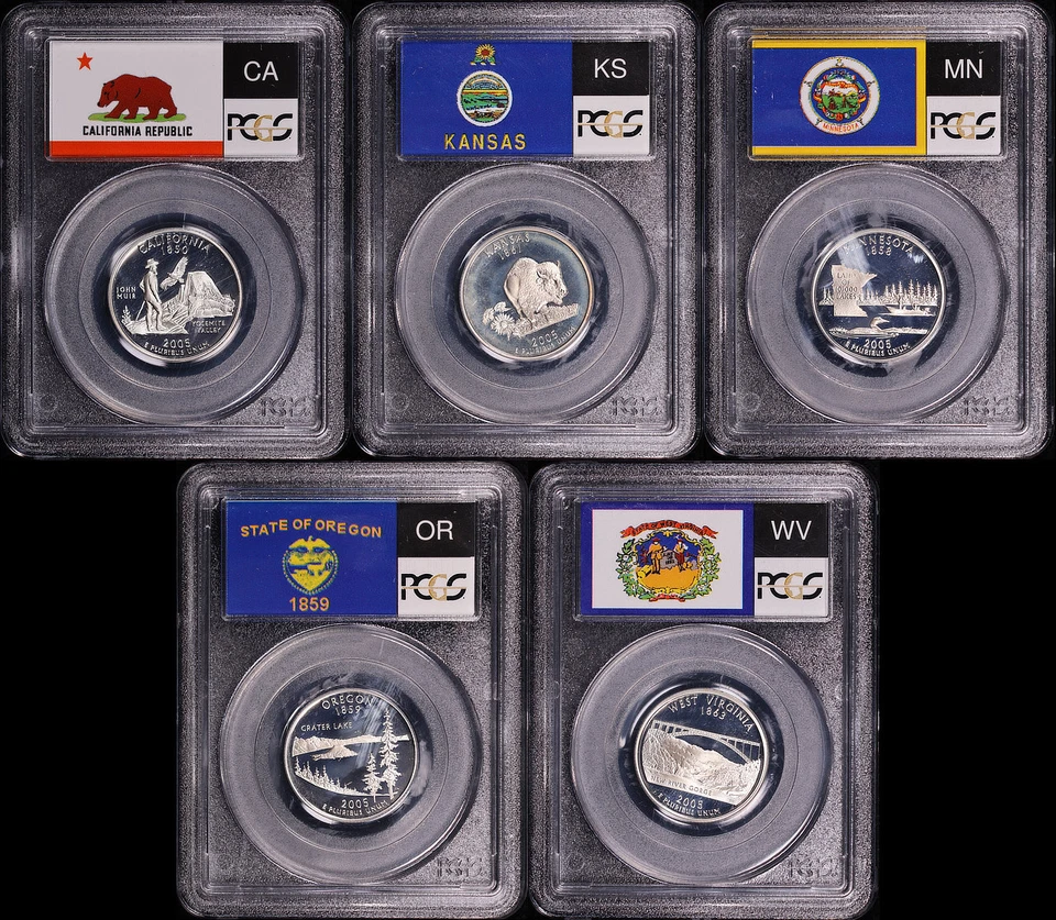 2005-S CA, KS, MN, OR, & WV Silver State Quarter 5 Coin Set PCGS PR-69 DCAM - Image 2 of 2