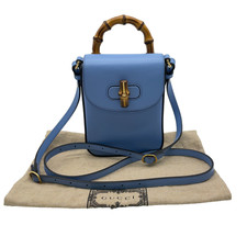 Auth Gucci 702106 Bamboo Handle Leather Light Blue Mini 2way Bag W/D SKP090021