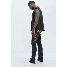 Ed Hardy Stacked Skinny Embroidered Cobra Flame Jeans in Black, Men's Size 32