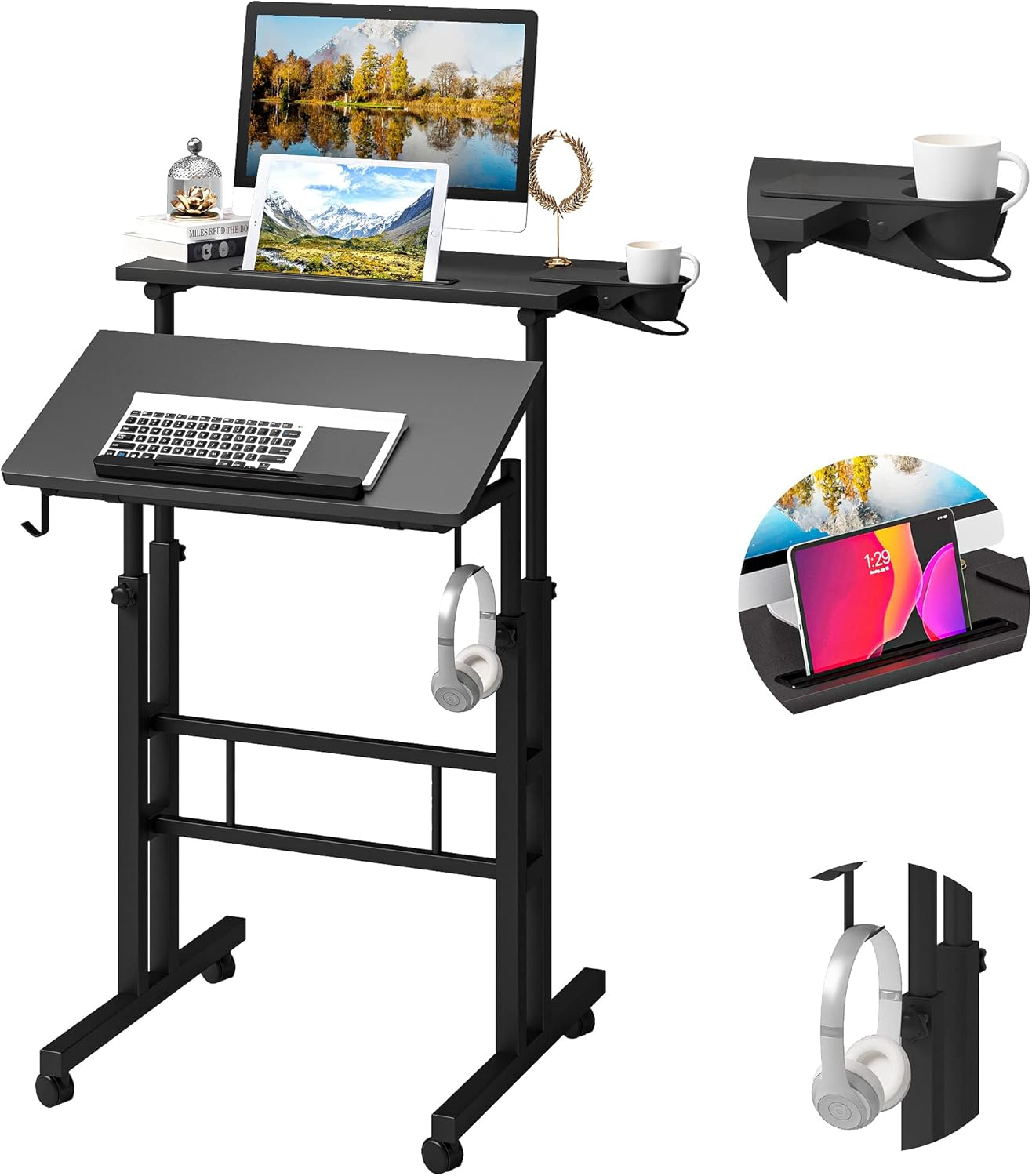 Adjustable Height Standing Desk with Cup Holder - Portable & Easy to Move for Home or Office-image