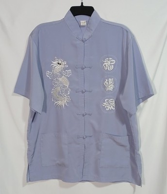 Kim Lai Fashions XL 100% Silk Chinese Tang Shirt Light Blue Dragon Frog Buttons