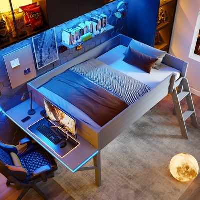 Wood Full Size Gaming Loft Bed with Desk and LED, Grey 42835
