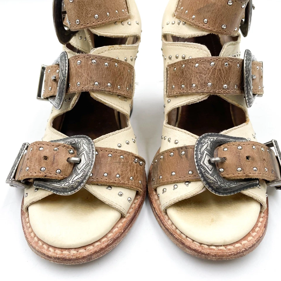 Freebird Violet Booties Western Buckle Heeled Sandals Beige Brown Studded Sz 7 - Image 3 of 4