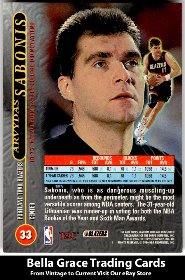 1996-97 Stadium Club Arvydas Sabonis #33 Portland Trail Blazers NBA Basketball - Image 2 of 2