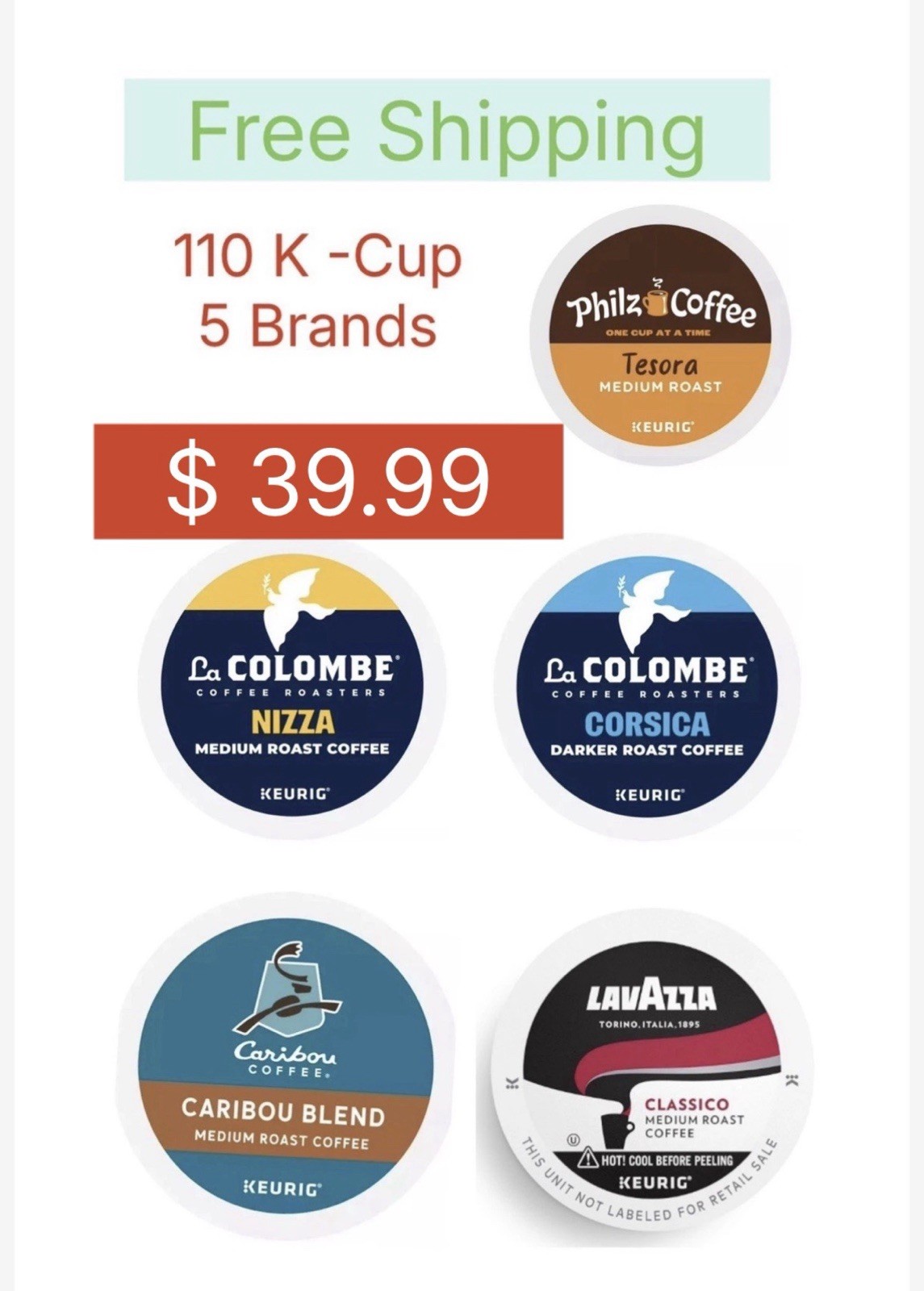 110 K CUPS Coffee VARIETY PACK 5 Types / Brands  BULK Free S