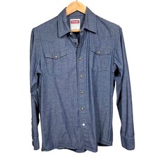 Wrangler Mens Blue Chambray Western Pearl Snap Long Sleeve Shirt Sz M READ