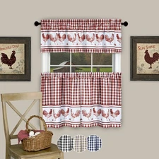3PC Kitchen Curtain Set, Check Gingham Plaid Rooster, Tier Panels and Valance