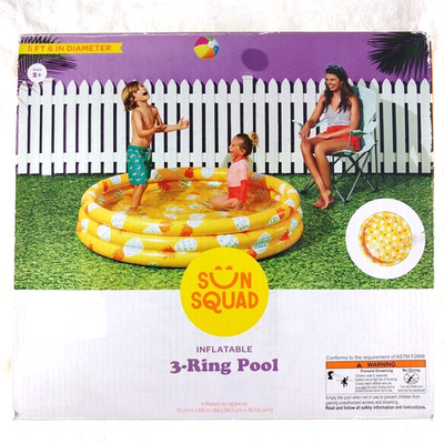 Inflatable 3 Ring Swimming Pool 66'' Diameter 15'' Deep Sun Squad Yellow Pineapple