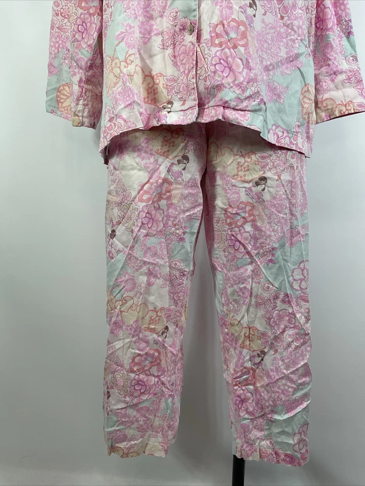 Vintage NATORI 2 Piece Asian Geisha Inspired Pajama Set Button Up Pull On XL - Image 4 of 4