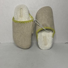 Anthropologie Light Beige Lime Green Whipstitch Faux Fur Mule Slippers Size 6