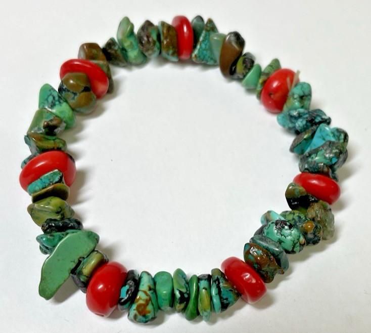 Native American Vintage Style Turquoise Red Coral Chip Wire Bracelet 17.7 Grams