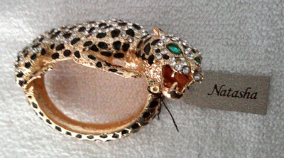 NATASHA Gold Leopard Panther Cuff Bracelet White Sequins & Green Rhinetone Eyes