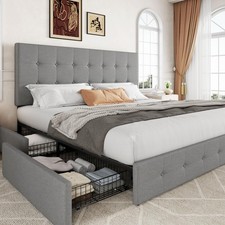 King Size Platform Bed Frame 4 Storage Drawers Light Grey Allewie Upholstered