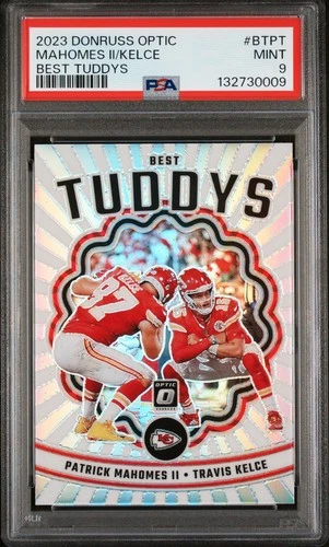 Patrick Mahomes/Travis Kelce 2023 Panini Donruss Optic Best Tuddys Prizm PSA 9