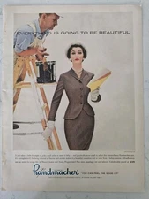 1953 Womens Handmacher Suit Dovima and painter on ladder  vintage Fashion Ad