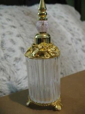 Vintage Clear Glass Perfume Bottle Stopper Gold Trim Stand Vanity Cologne